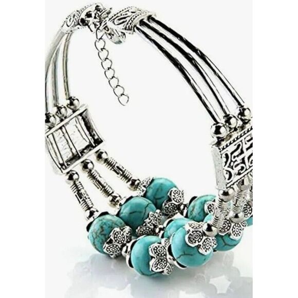 Women Turquoise Bead Bracelet 3-Ply Tibetan Silver Wrap‎ Cuff.       SKD4 - Picture 3 of 5